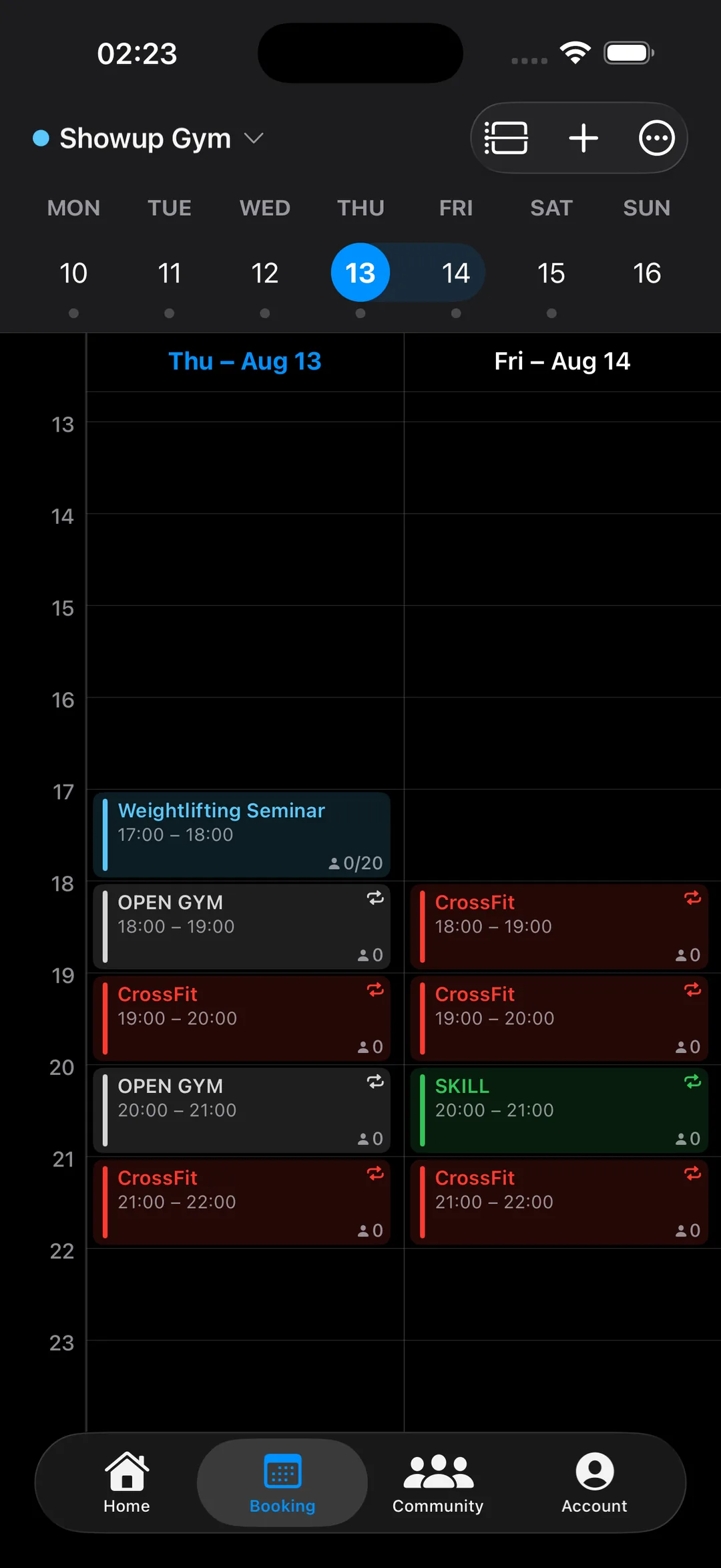Class booking calendar