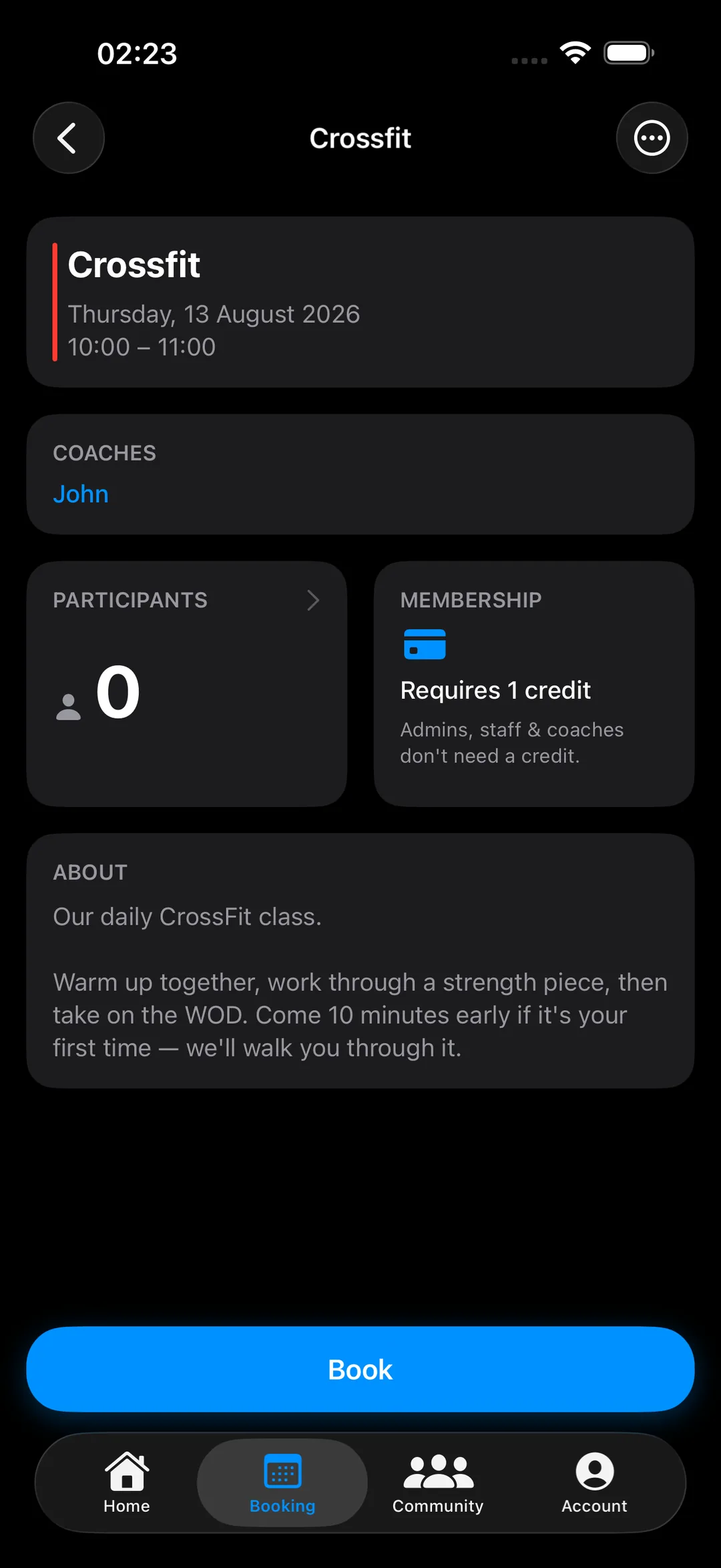 Class detail with booking