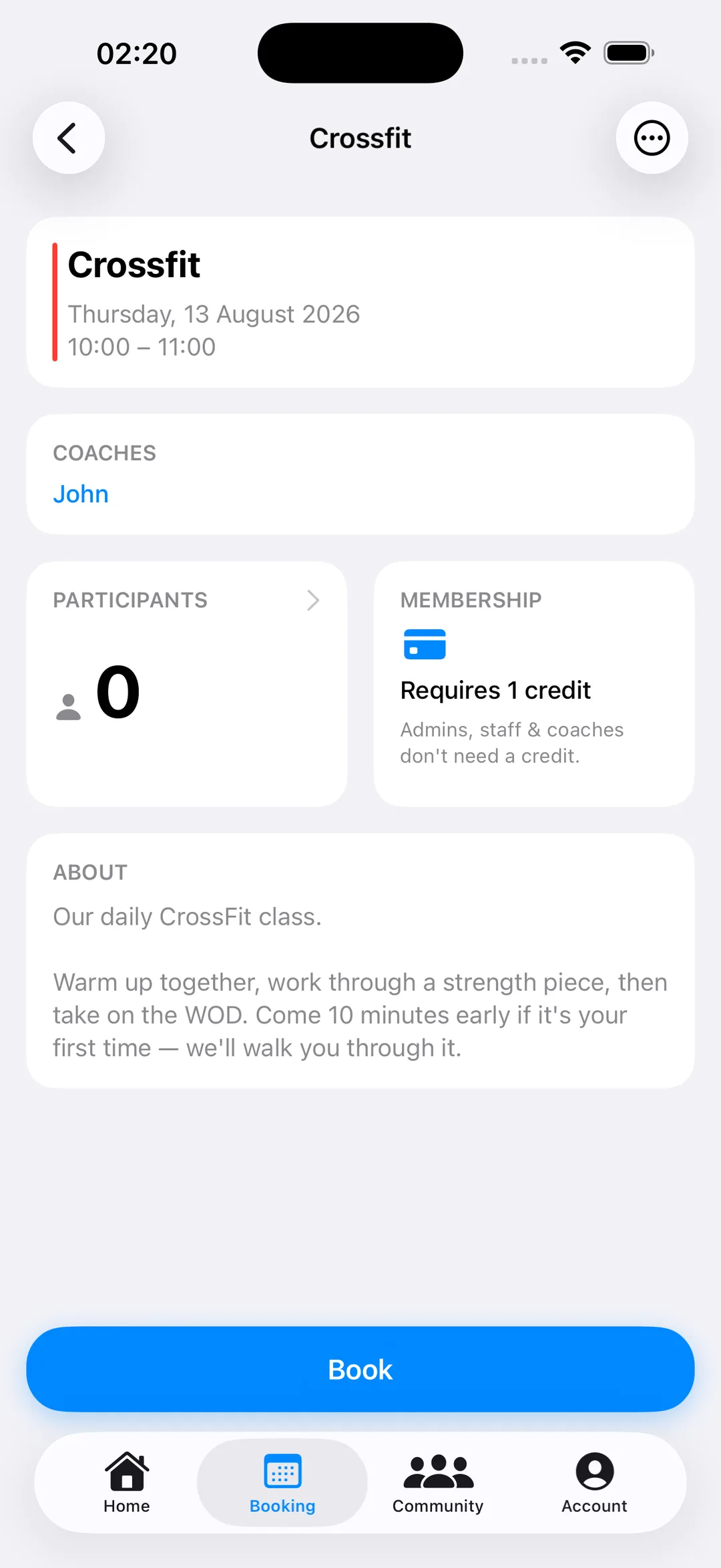 Class detail with booking