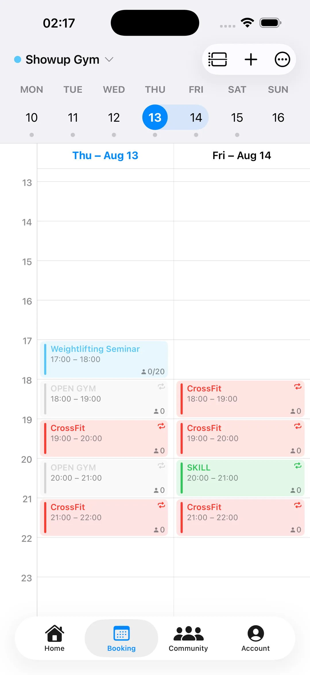 Class booking calendar
